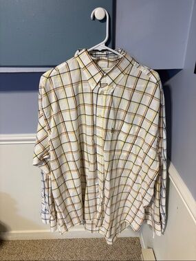 Barbour White Plaid Button-Down Shirt with Yellow and Navy Stripes